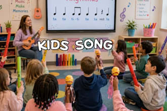 write and sing kids fun song, nursery rhymes, children pop song, female vocalist