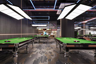 design 3d modern billiard hall, game arena, pool hall, game room, bar rendering