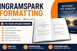 format manuscript, fix margin and resize book cover, print book for ingramspark