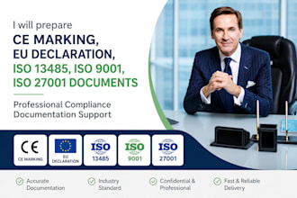prepare ce marking, eu declaration, iso 13485, iso 9001 and iso 27001 documents