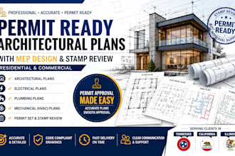 create permit ready architectural plans with mep design and stamp review in USA