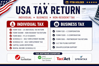 prepare US tax return 1040 1040nr 1120 1120s 1065