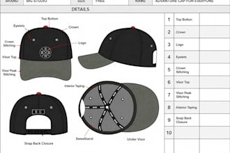 create hat design, cap tech pack, snapback, bucket hat mockup for manufacturing