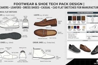do footwear tech pack, sneakers, loafers and shoe flat sketch for manufacturing