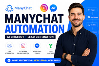 build manychat automation, ai chatbot, CRM and lead generation flows