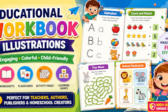 illustrate educational workbooks and learning activities for kids