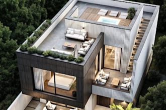 design 3d rooftop terrace, facade, outdoor cantilever house, indoor living space