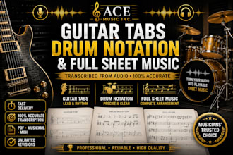 transcribe guitar tabs, drum notation and full music sheet from audio
