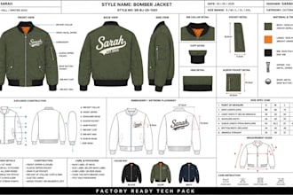 create tech pack for varsity, bomber and leather jackets for manufacturing