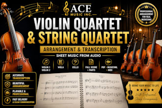 arrange and transcribe violin quartet and string quartet sheet music from audio