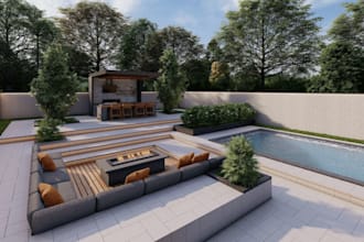 create 3d landscape design, site plan, garden, backyard layout with 3d rendering