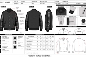 create utility jacket denim jacket with tech pack for manufacturing