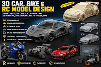 create, edit stl for car printing, 3d mini car, 3d car modeling, rc model, bike