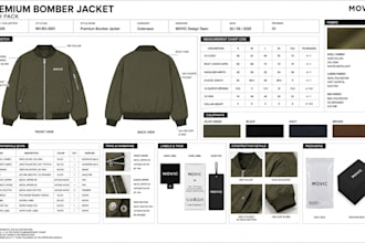 create puffer bomber varsity jacket tech pack with flat sketch for manufacturing