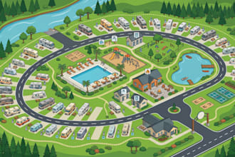 design custom resort map, rv park map, campground, vacation resort illustration