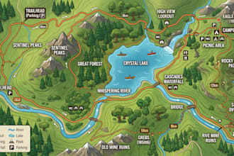 design custom trail map, hiking map, route map nature map, park map illustration