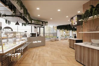 turn autocad drawing to 3d coffee restaurant, lounge interior, cafe dinning area