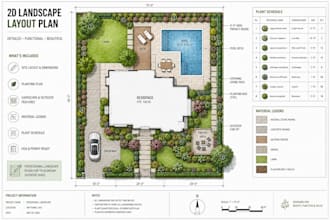 draw 2d landscape site plan, backyard design, pool, garden hardscape site plan