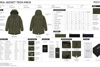 create windbreaker denim parka jacket tech pack with flat sketch for production