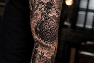 design a custom tattoo sleeve, black and grey tattoo concept