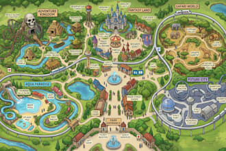 illustrate theme park map, zoo map, attraction map, visitor guide and site plan