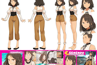 draw anime reference sheet with expressions and poses