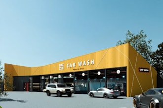 modern luxury car wash,3d model,automatic bay wash,exterior,parking,store,lounge