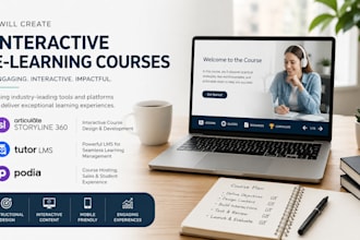 create interactive elearning course using  articulate storyline, tutorlms, podia