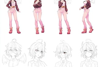 illustrate anime character sheet with outfits poses and color