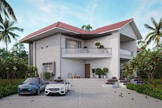 produce 3d rendering from 2d plan, cgi exterior house visual, courtyard design