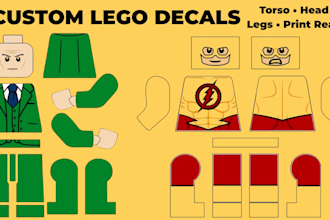 design custom lego minifigure decals, stickers, torso, head, leg prints
