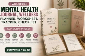 design mental health journal, wellness planner, worksheet, tracker checklist kdp