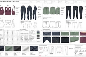 create tech pack of leggings sports bras gymshots and joggers for production