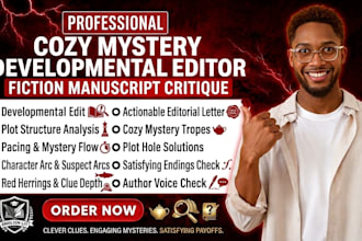developmental edit your cozy mystery novel for plot structure, pacing and clues