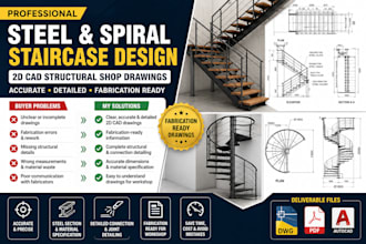 detailed steel,spiral staircase,2d cad shop drawings, building structural design