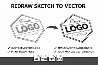 redraw sketch to vector logo and do transparent background custom vector art