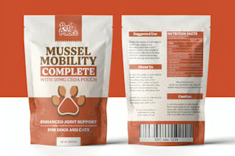 design professional pet product packaging labels, pouches and pet food bags