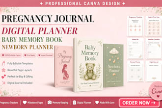 canva pregnancy journal, canva baby shower, memory book, canva newborn planner