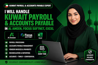 handle kuwait payroll and accounts payable in al ameen, focus softnet, excel