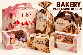 design unique bakery packaging, cake box, pastry box, bread bag and bakery box