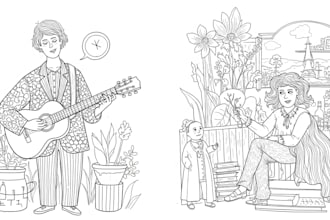 create hand drawn black and white line art illustration
