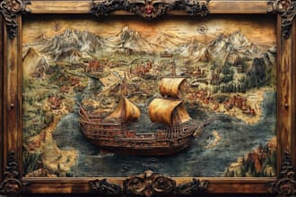 draw fantasy map or ship illustration with cool details