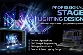 do stage lighting setup, lighting layout, dmx lighting control and 3d rendering