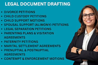 draft legal motions or petitions on divorce, alimony or child support