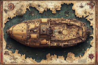 create a fantastical ship or map with intricate details