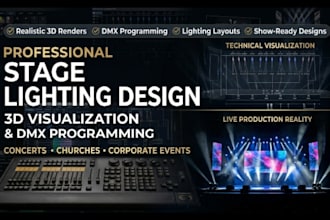design 3d event stage design, lighting layout, concert lighting, dmx programming