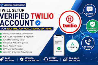 setup verified twilio account, a2p 10dlc registration, bulk SMS and sip trunk