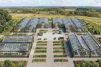 3d prefab greenhouse design with solar, irrigation lighting visualized render