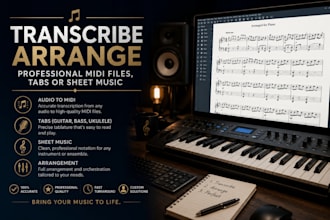 transcribe, arrange professional midi files, tabs or sheet music