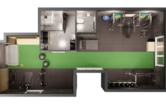 design gym, fitness center, wellness center, 2d floor plan and 3d walkthrough